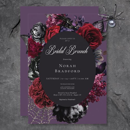 Dark Halloween Glam Floral Purple Bridal Brunch Invitation