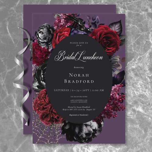 Dark Halloween Glam Floral Purple Bridal Luncheon Invitation