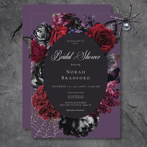 Dark Halloween Glam Floral Purple Bridal Shower Invitation