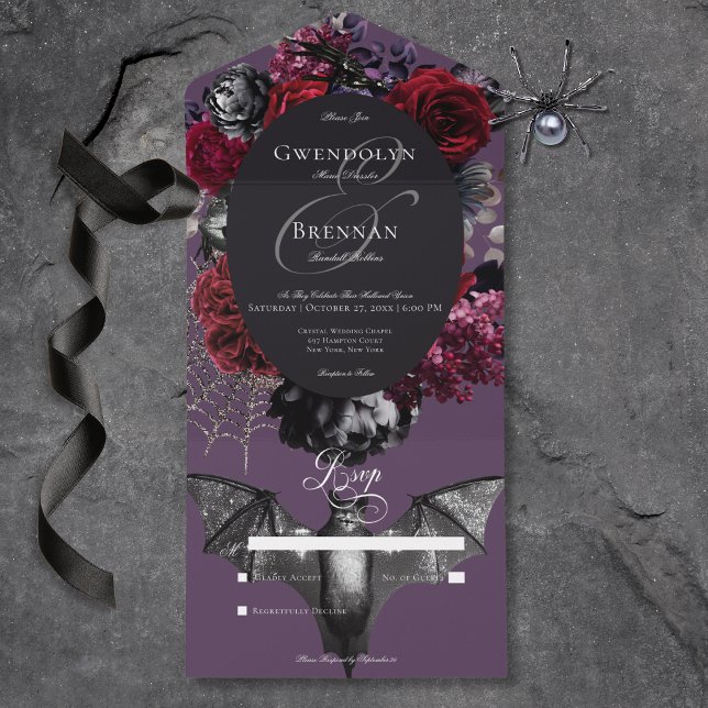 Dark Halloween Glam Floral Purple No Dinner All In One Invitation (Dark Halloween Glam Floral Wedding No Dinner All In One Invitation)