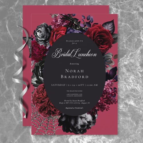 Dark Halloween Glam Floral Red Bridal Luncheon Invitation