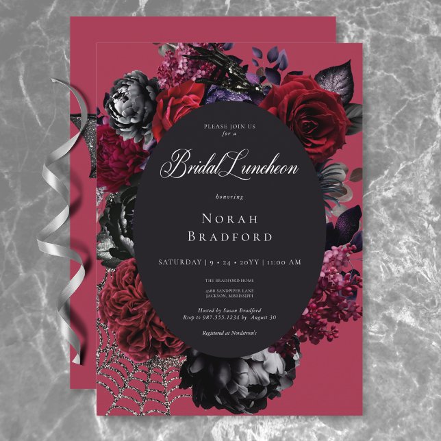 Dark Halloween Glam Floral Red Bridal Luncheon Invitation (Dark Halloween Glam Floral Red Bridal Luncheon Invitation)