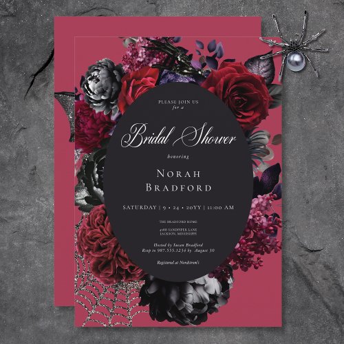 Dark Halloween Glam Floral Red Bridal Shower Invitation