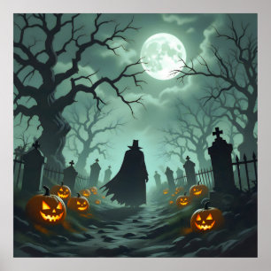 Dark Halloween Night Spooky Graveyard Landscape  Poster