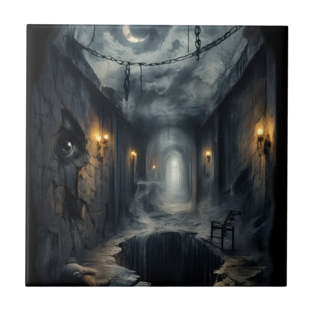 Dark Haunted fantasy Corridor with Moonlit Sky  Ceramic Tile (Front)