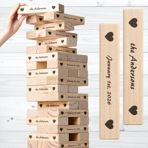 Dark Heart Stylish Family Name and Date Wedding Topple Tower