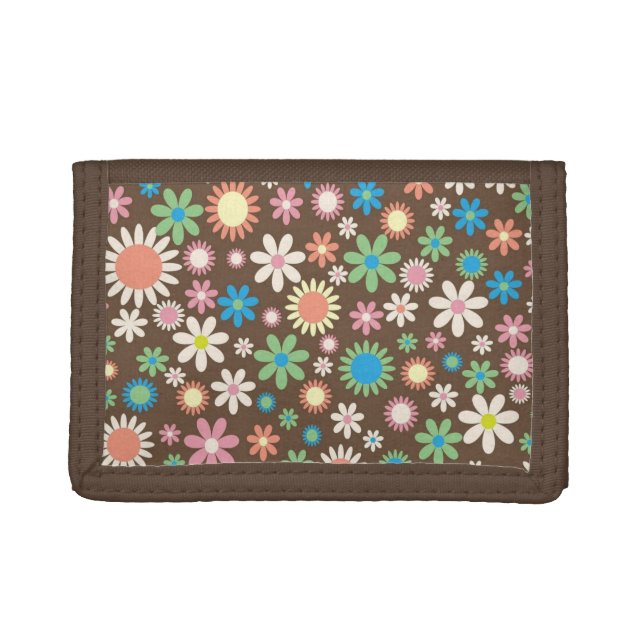 Dark Hippy Flower Power Brown Trifold Wallet (Front)