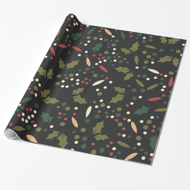 Dark Holiday Dots Holly Leaves Christmas Wrapping Paper (Unrolled)
