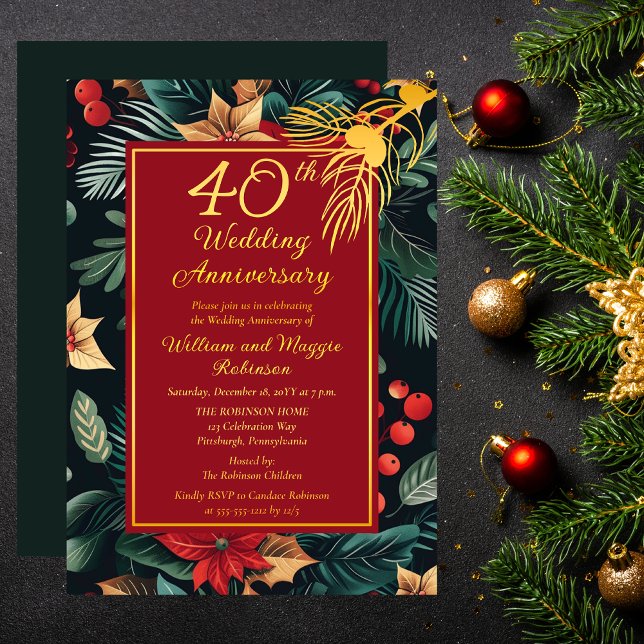 Dark Holiday Floral 40th Wedding Anniversary Party Foil Invitation (Dark Floral Winter | Christmas Holiday 40th Wedding Anniversary Party Gold Foil Invitation)