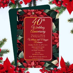 Dark Holiday Floral 40th Wedding Anniversary Party Foil Invitation