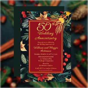 Dark Holiday Floral 50th Wedding Anniversary Party Foil Invitation