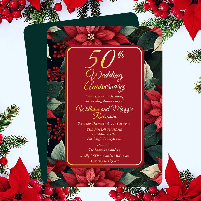 Dark Holiday Floral 50th Wedding Anniversary Party Foil Invitation (Elegant Dark and Moody Christmas Poinsettia Holiday Floral 50th Wedding Anniversary Foil Invitation)