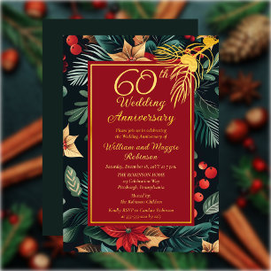 Dark Holiday Floral 60th Wedding Anniversary Party Foil Invitation