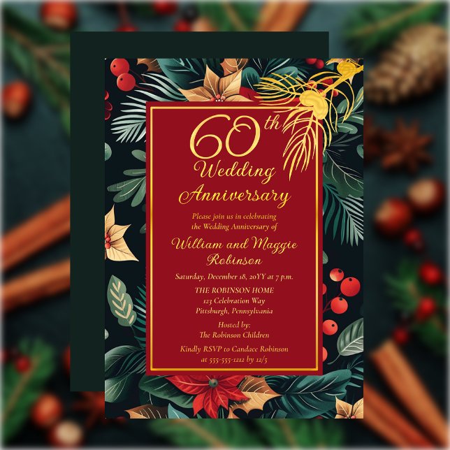 Dark Holiday Floral 60th Wedding Anniversary Party Foil Invitation (Dark Floral Winter | Christmas Holiday 60th Wedding Anniversary Party Gold Foil Invitation)