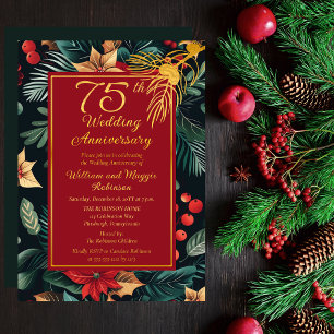 Dark Holiday Floral 75th Wedding Anniversary Party Foil Invitation