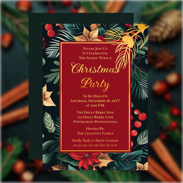 Dark Holiday Poinsettia Floral Christmas Party Foil Invitation (Elegant Dark and Moody Holiday Poinsettia Floral Christmas Party Gold Foil Invitation)