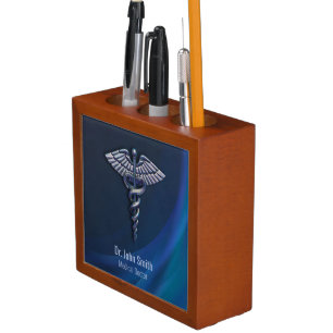 Dark Holographic 3D Medical Caduceus Chrome Desk Organizer