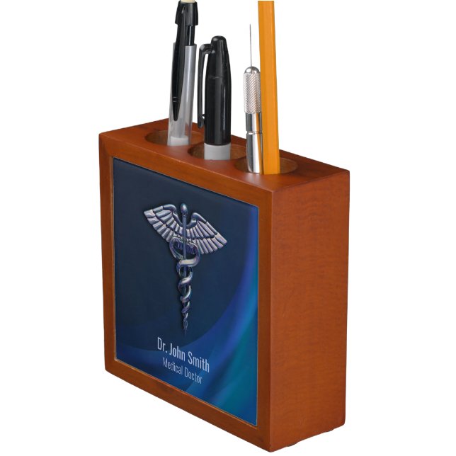 Dark Holographic 3D Medical Caduceus Chrome Desk Organizer (In Situ)
