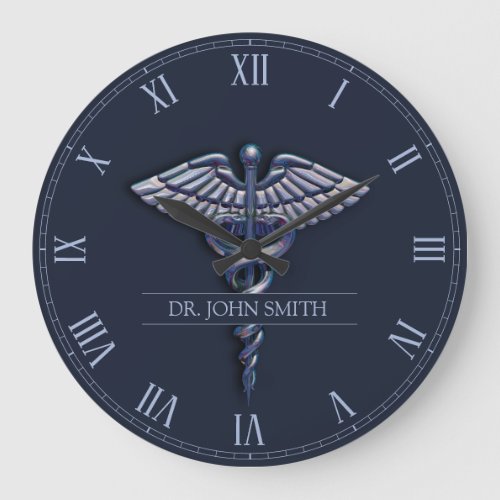 Dark Holographic 3D Medical Caduceus Chrome Name Large Clock