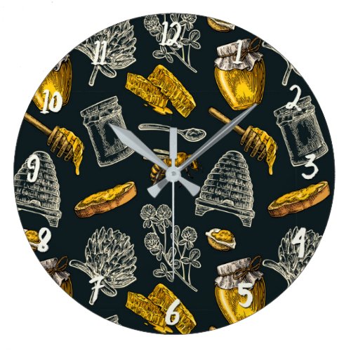 Dark Honey Bee Beehive Yellow Vintage Natural Large Clock