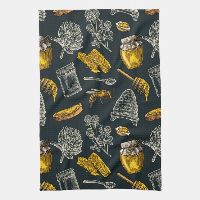 Dark Honey Bee Beehive Yellow Vintage Natural Towel (Vertical)