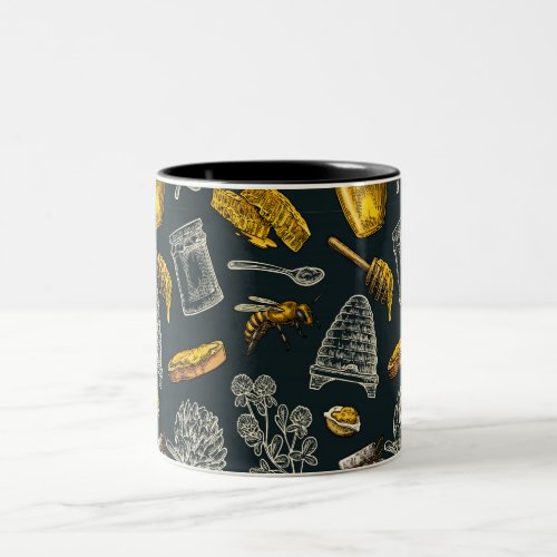 Dark Honey Bee Beehive Yellow Vintage Natural Two_Tone Coffee Mug