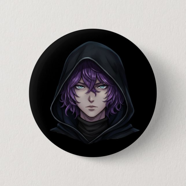 Dark Hoodie Anime Boy with Purple Hair Button (Front)