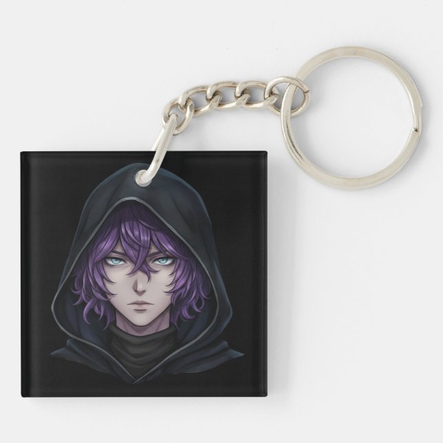 Dark Hoodie Anime Boy with Purple Hair Keychain (Back)