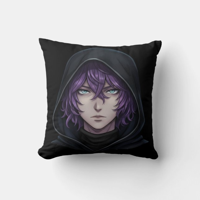 Dark Hoodie Anime Boy with Purple Hair Throw Pillow (Front)