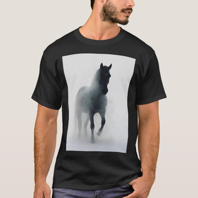 Dark Horse in Fog – Ethereal Mystical Wall Art T-Shirt (Front)