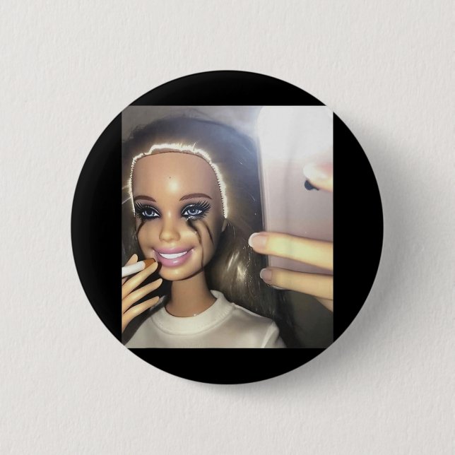 Dark Humor Doll Smoking Selfie Parody  Button (Front)