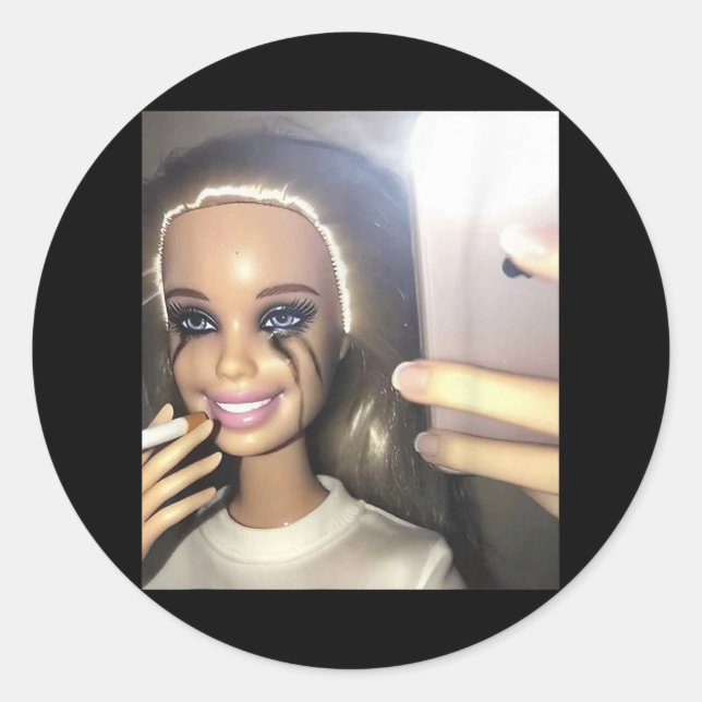 Dark Humor Doll Smoking Selfie Parody  Classic Round Sticker (Front)