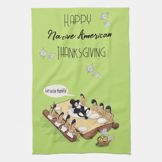 Dark Humor Native American Thanksgiving Cartoon  Kitchen Towel (Vertical)