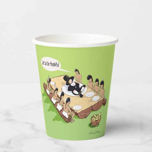 Dark Humor Native American Thanksgiving Cartoon Paper Cups (Front)