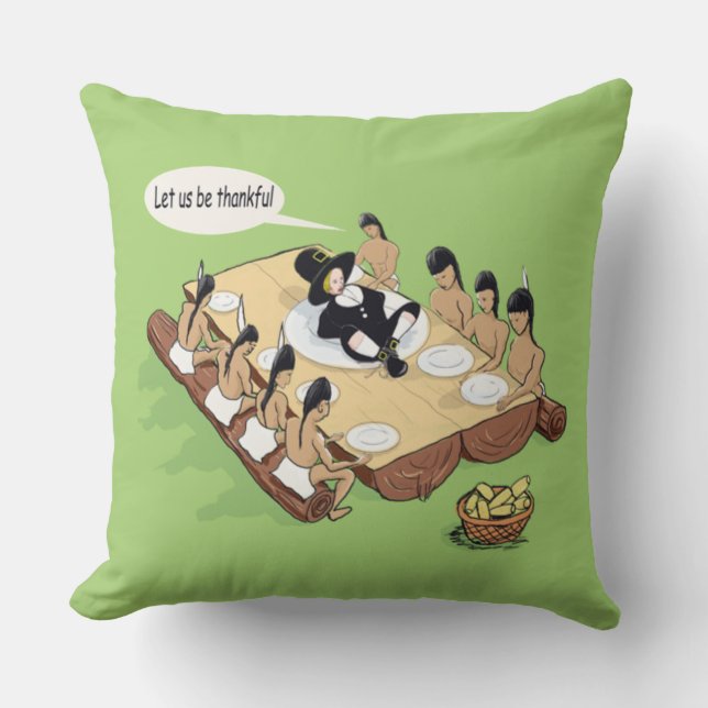 Dark Humor Native American Thanksgiving Cartoon Throw Pillow (Front)