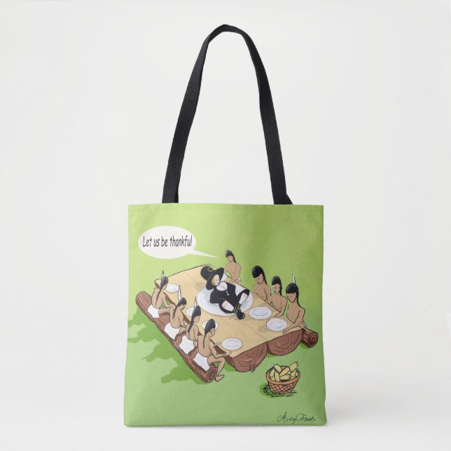 Dark Humor Native American Thanksgiving Cartoon Tote Bag (Front)
