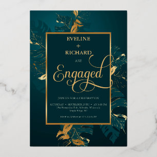Dark hunter green and real gold foil engagement invitation
