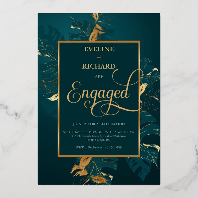 Dark hunter green and real gold foil engagement invitation (Front)