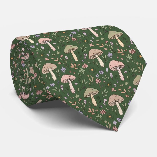 Dark Hunter Green Fungi Botanical | Formal Wedding Neck Tie (Rolled)