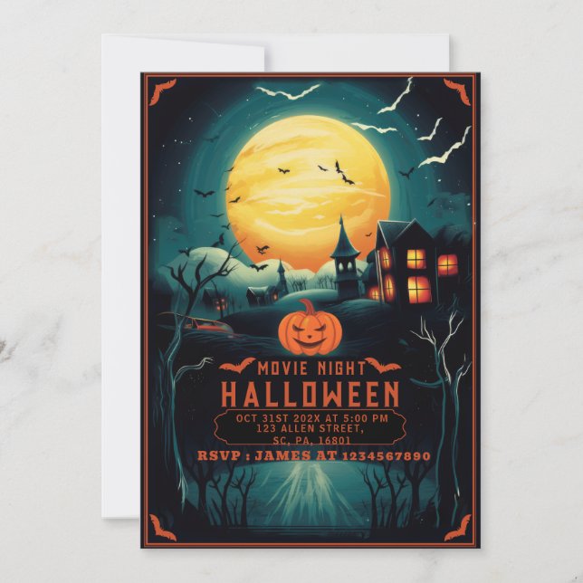 DARK ILLUSTRATION SPOOKY HALLOWEEN MOVIE NIGHT  INVITATION (Front)