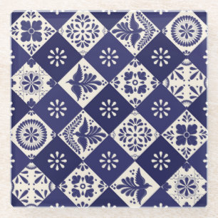 Dark Indigo Beige Mexican Floral Birds Talavera  Glass Coaster