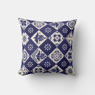 Dark Indigo Beige Mexican Floral Birds Talavera  Throw Pillow