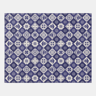 Dark Indigo Floral Birds Mexican Talavera Tile Outdoor Rug