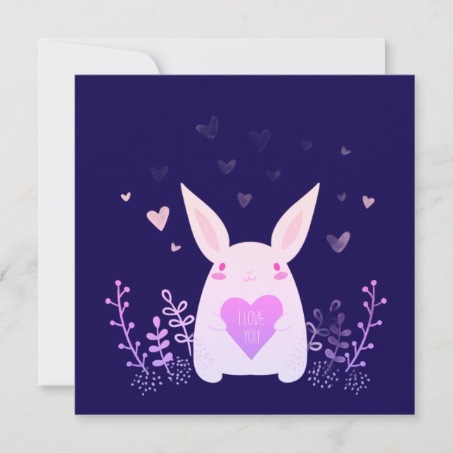 Dark Indigo Valentine's Day Card with Pink Bunny (Front)