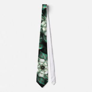 Dark Jade Green and White Fractal Flower Abstract Neck Tie