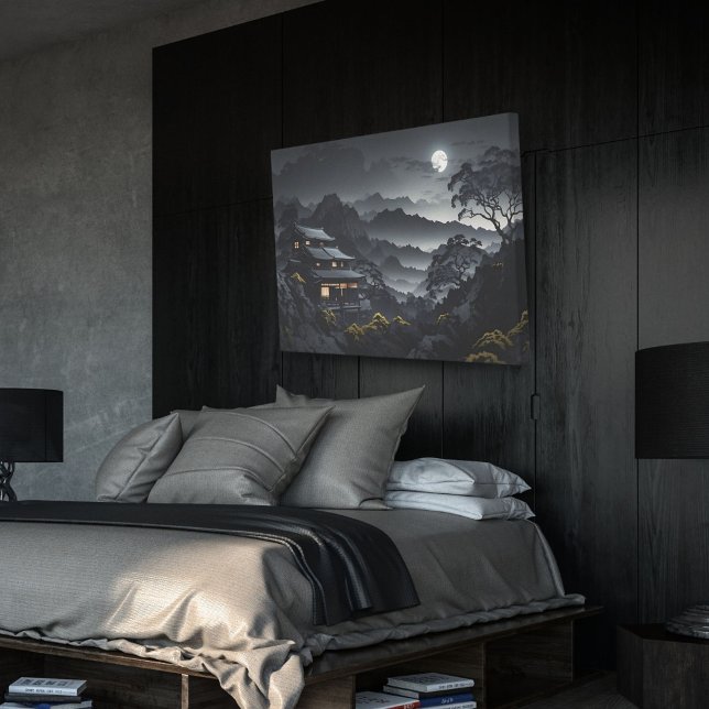 Dark Japanese Night Landscape Moonlight Temple Canvas Print (Creator Uploaded)