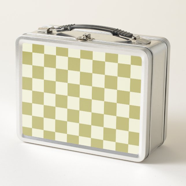Dark Khaki and Beige Checkerboard Metal Lunch Box (Front)
