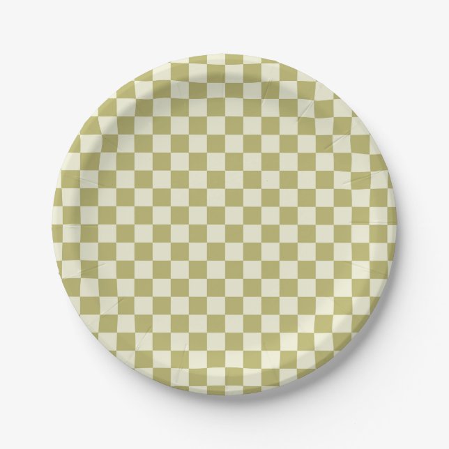Dark Khaki and Beige Checkerboard Paper Plates (Front)