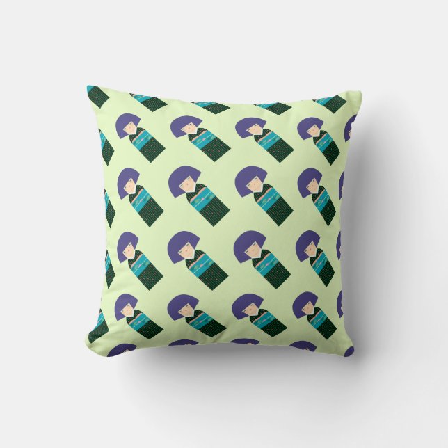 Dark_Kimono Doll_lime back_Pattern Throw Pillow (Front)