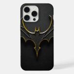 ​Dark Knight Gold Bat Symbol on Black Leather Text iPhone 15 Pro Max Case